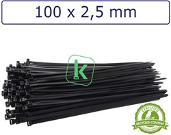 Tyraps, kabelbinders Milieuvriendelijk, Duurzaam - Gerecycled Materiaal (PA6.6) 100 x 2,5 mm Zwart UV bestendig (Zak 100 stuks)