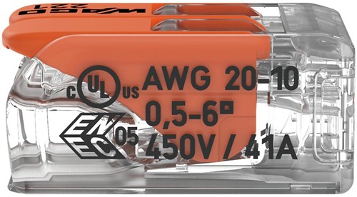 WAGO (221-612) Lasklem / verbindingsklem 2-voudig Max. 6mm2 met hendels, Transparant