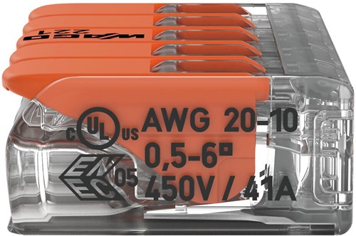 WAGO (221-615) Lasklem / verbindingsklem 5-voudig Max. 6mm2 met hendels, Transparant