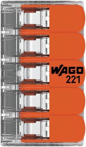WAGO (221-615) Lasklem / verbindingsklem 5-voudig Max. 6mm2 met hendels, Transparant