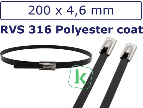 Tyraps, kabelbinders RVS 316 staal - 200 x 4,6 mm Polyester gecoat Zwart  (Zak 100 stuks)