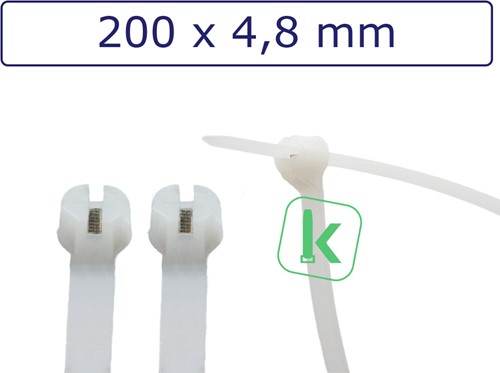 PRO-TIE® Premium Tyraps, kabelbinders met stalen RVS 316 sluiting 200 x 4,8 mm Wit naturel (Zak 100 stuks)