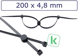 Tyraps, kabelbinders Tweedelig met koppelstuk - 90 Graden draaibaar, 200 x 4,8 mm Zwart UV bestendig (Zak 100 stuks)