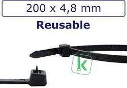 Tyraps, kabelbinders Herbruikbaar 200 x 4,8 mm Zwart UV bestendig (Zak 100 stuks)