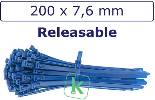 Tyraps, kabelbinders Hersluitbaar 200 x 7,6 mm Blauw (Zak 100 stuks)