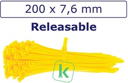 Tyraps, kabelbinders Hersluitbaar 200 x 7,6 mm Geel (Zak 100 stuks)