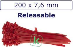 Tyraps, kabelbinders Hersluitbaar 200 x 7,6 mm Rood (Zak 100 stuks)