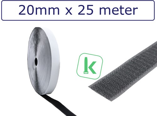 Klittenband Enkelzijdig Haakdeel met lijmlaag 20 mm Zwart UV bestendig (Rol 25 meter)