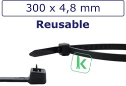 Tyraps, kabelbinders Herbruikbaar 300 x 4,8 mm Zwart UV bestendig (Zak 100 stuks)