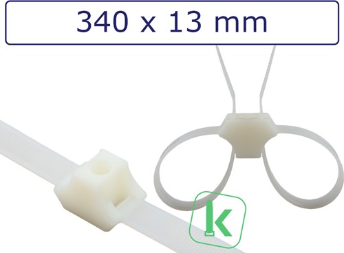 Tyraps, kabelbinders Met Schroefgat en Dubbele Sluitkop / Double Loop Cable Ties With Mounting Hole 340 x 13 mm Wit naturel (Zak 50 stuks)