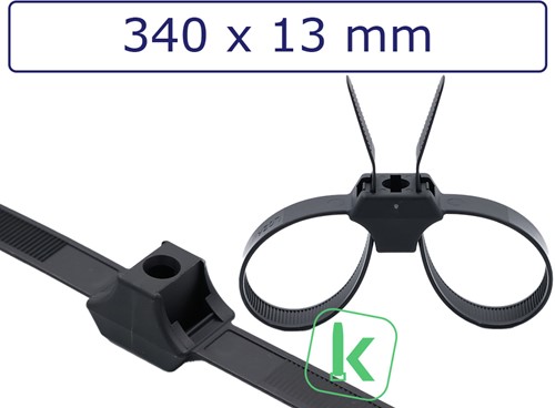 Tyraps, kabelbinders Met Schroefgat en Dubbele Sluitkop / Double Loop Cable Ties With Mounting Hole 340 x 13 mm Zwart UV-Bestendig (Zak 50 stuks)