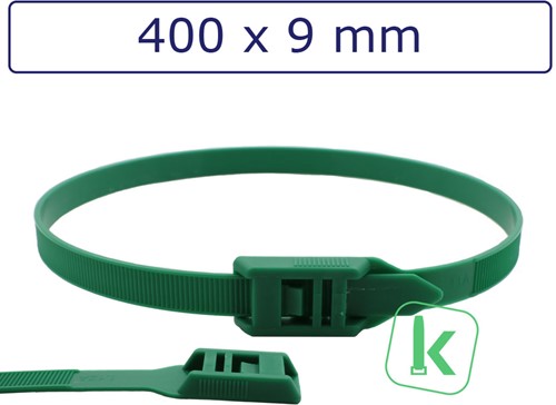 Tyraps, kabelbinders met laag profiel, Flat head / in Line ties 400 x 9,0 mm Groen (Zak 100 stuks)