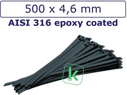 Tyraps, kabelbinders RVS 316 staal - 500 x 4,6 mm epoxy gecoat Zwart (Zak 100 stuks)