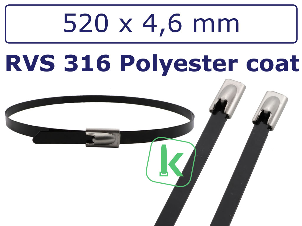 Tyraps, kabelbinders Zwart RVS 316 staal - 520 x 4,6 mm Polyester gecoat Zwart (Zak 100 stuks)