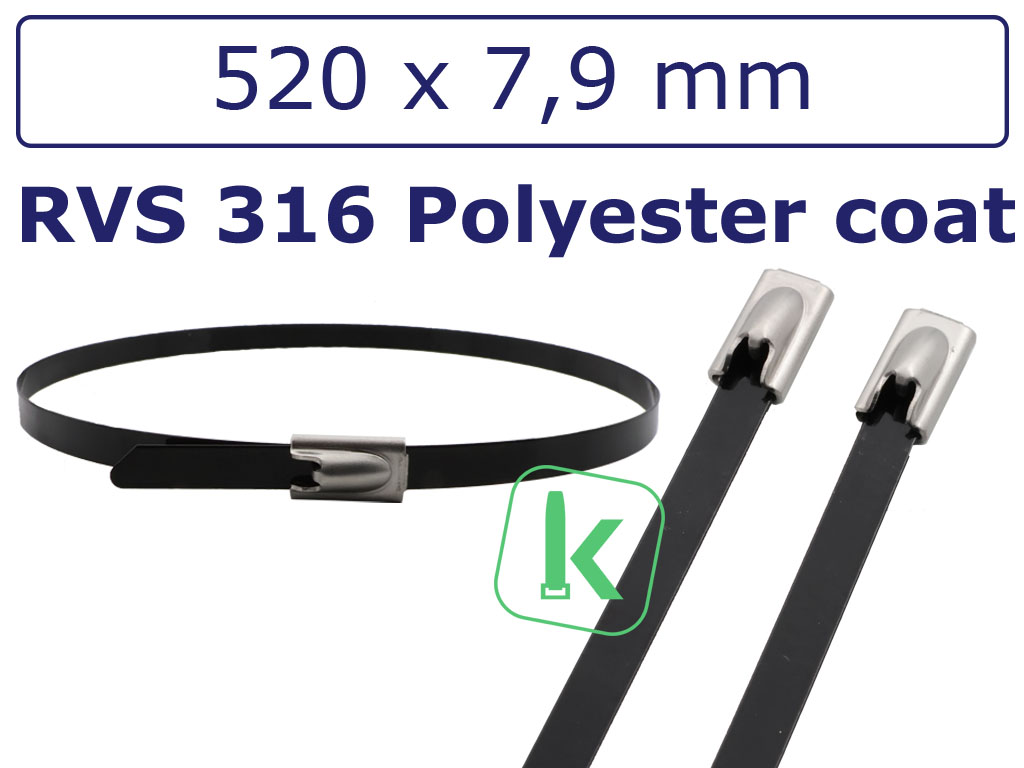 Tyraps, kabelbinders Zwart RVS 316 staal - 520 x 7,9 mm Polyester gecoat Zwart (Zak 100 stuks)