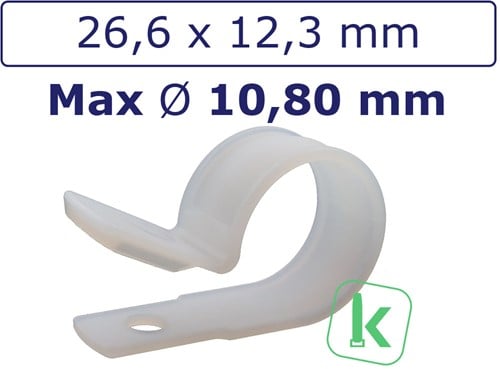 Buisklemmen, Bevestigingsbeugels, P-Clamp / Clip - Nylon (PA6,6) Schroefbaar Bundel diameter max. 10,80mm Wit / Naturel (Zak 100 stuks)