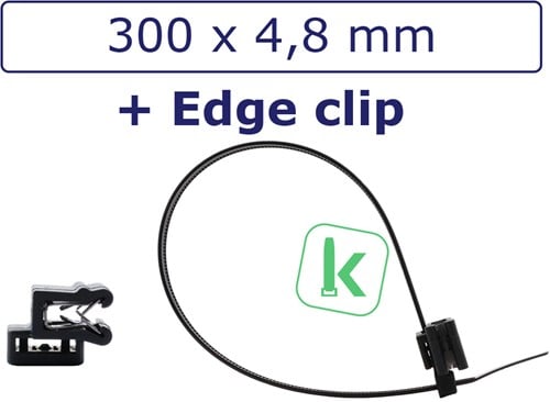 Tyraps, kabelbinders speciaal UV ++ bestendig 300 x 4,8 mm zwart, met Edge Clip, paneel klemvoet voor paneel 1 t/m 3mm Zwart  (zak 100 stuks)