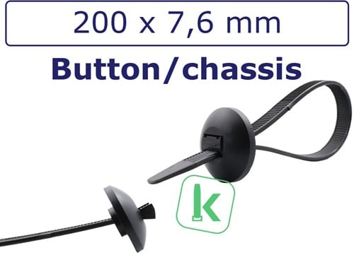 Tyraps, kabelbinders met Ronde Sluitkop,  Chassis Tie / Button Head 200 x 7,6 mm Zwart UV-Bestendig (Zak 100 stuks)