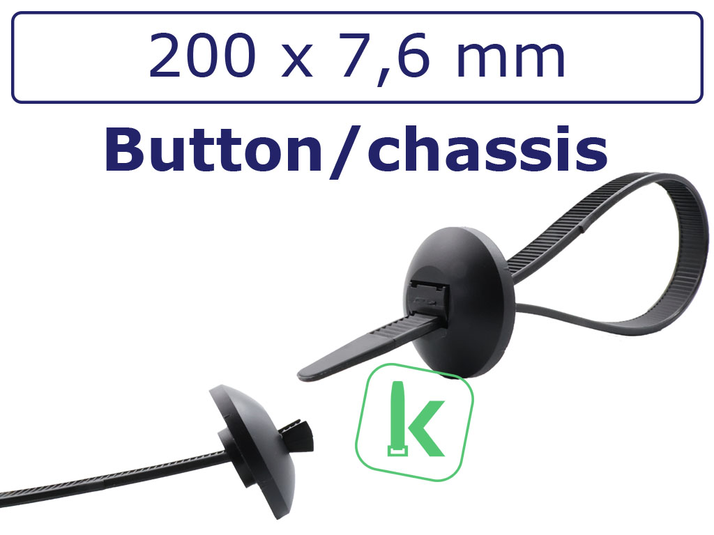 Tyraps, kabelbinders Zwart met Ronde Sluitkop, Chassis Tie / Button Head 200 x 7,6 mm Zwart UV-Bestendig (Zak 100 stuks)
