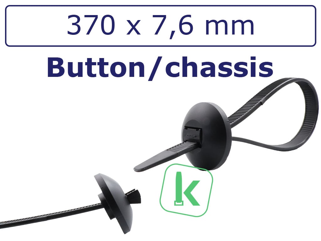 Tyraps, kabelbinders Zwart met Ronde Sluitkop, Chassis Tie / Button Head 370 x 7,6 mm Zwart UV-Bestendig (Zak 100 stuks)