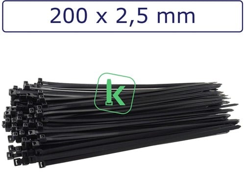 Tyraps, kabelbinders 200 x 2,5 mm Zwart UV bestendig (Bulk grootverpakking zak 1.000 stuks)