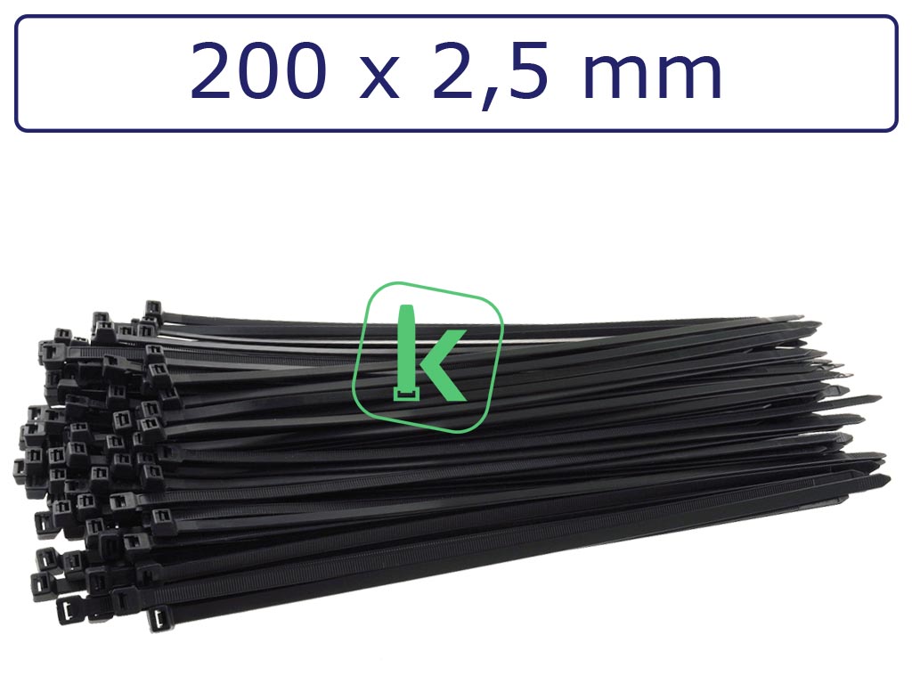 Tyraps, kabelbinders Zwart 200 x 2,5 mm Zwart UV bestendig (Bulk grootverpakking zak 1.000 stuks)
