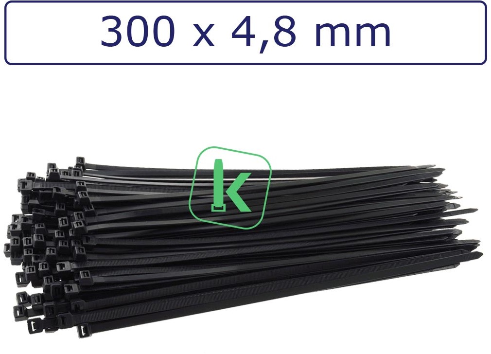 Zwarte kabelbinder tie-wrap 300 mm lang x 4,8 mm