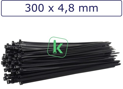 Tyraps, kabelbinders 300 x 4,8 mm Zwart UV bestendig (Zak 20 stuks)