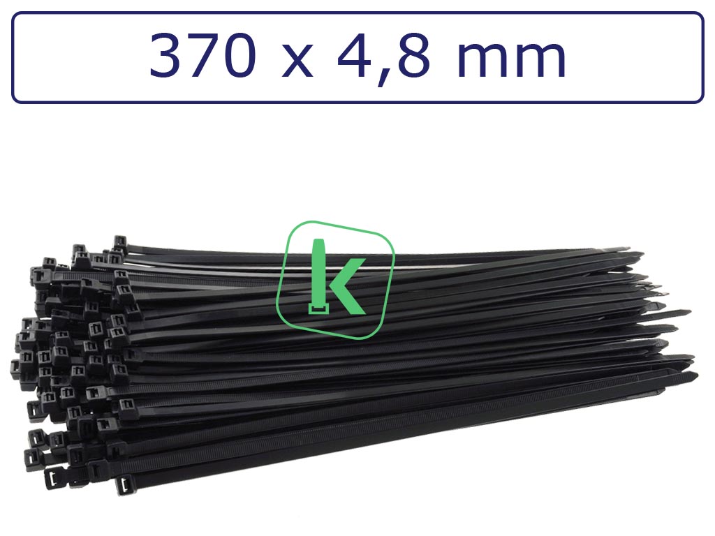 Tyraps, kabelbinders Zwart 370 x 4,8 mm Zwart UV bestendig (Zak 100 stuks) (tiewrap/tyrap/tie-wrap/bundelbandje/colsonbandje/Zwart)