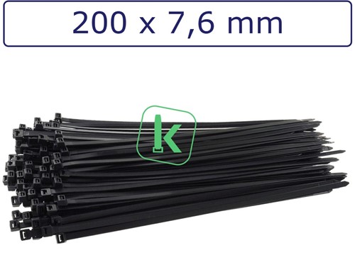 Tyraps, kabelbinders 200 x 7,6 mm Zwart UV bestendig (Zak 100 stuks)