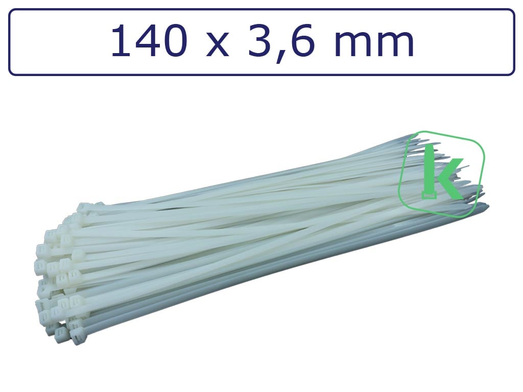 Tyraps, kabelbinders Wit 140 x 3,6 mm Wit naturel (Bulk grootverpakking zak 1.000 stuks) (tiewrap/tyrap/tie-wrap/bundelbandje/colsonbandje/Wit)