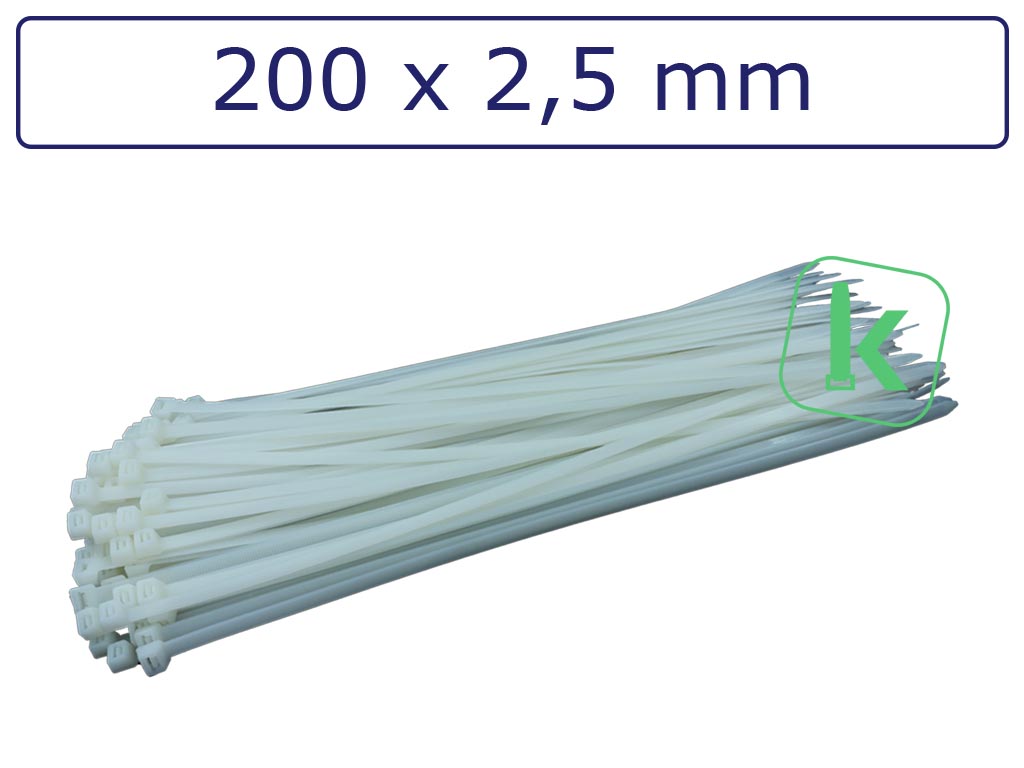 Tyraps, kabelbinders Wit 200 x 2,5 mm Wit naturel (Bulk grootverpakking zak 1.000 stuks) (tiewrap/tyrap/tie-wrap/bundelbandje/colsonbandje/Wit)