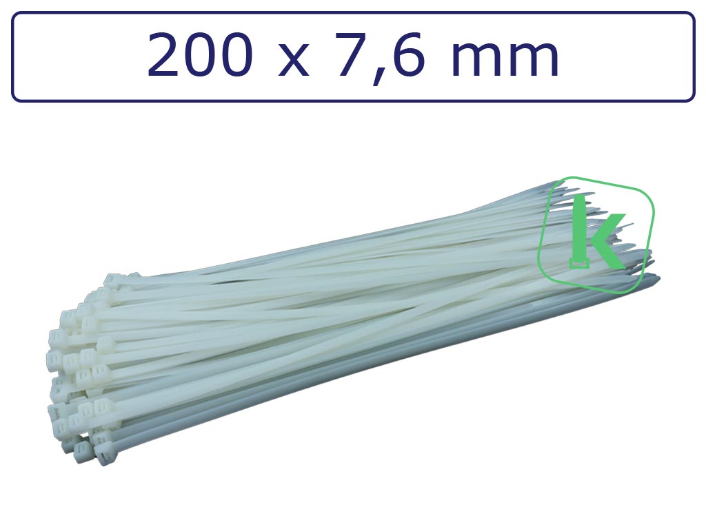 Tyraps, kabelbinders Wit 200 x 7,6 mm Wit naturel (Zak 100 stuks) (tiewrap/tyrap/tie-wrap/bundelbandje/colsonbandje/Wit)