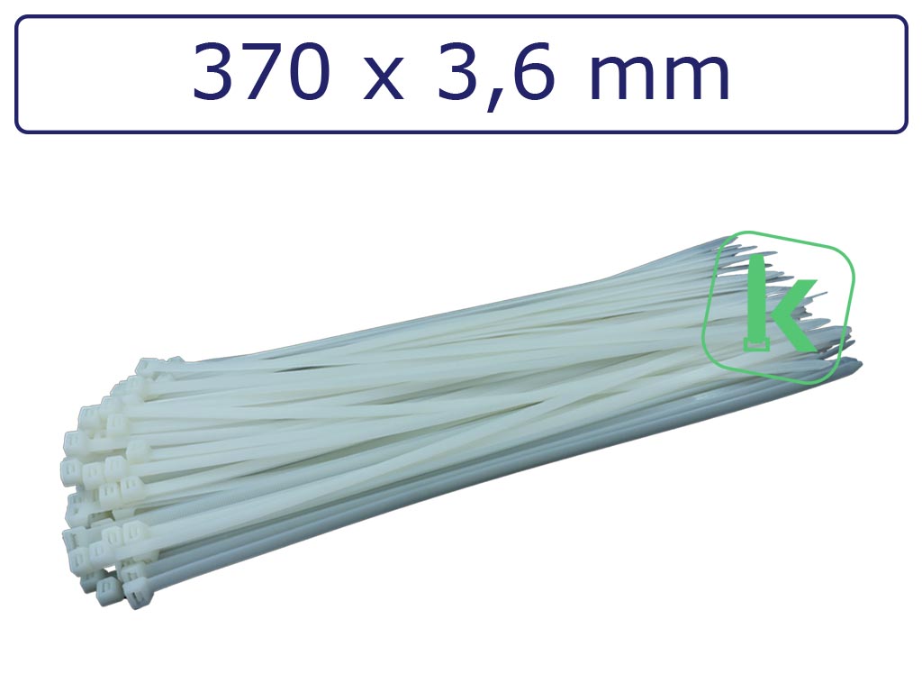 Tyraps, kabelbinders Wit 370 x 3,6 mm Wit naturel (Zak 100 stuks) (tiewrap/tyrap/tie-wrap/bundelbandje/colsonbandje/Wit)