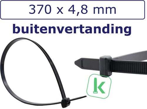 Tyraps, kabelbinders Hittebestendig met buitenvertanding (Outside-Serration) 370 x 4,8 mm Zwart UV-bestendig (Zak 100 stuks)