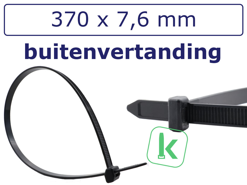 Tyraps, kabelbinders Zwart Hittebestendig met buitenvertanding (Outside-Serration) 370 x 7,6 mm Zwart UV-bestendig (Zak 100 stuks)