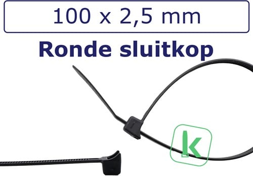 Tyraps, kabelbinders met afgeronde sluitkop voor ronde objecten / Clamp head cable ties 100 x 2,5 mm Zwart UV-Bestendig (Zak 100 stuks)