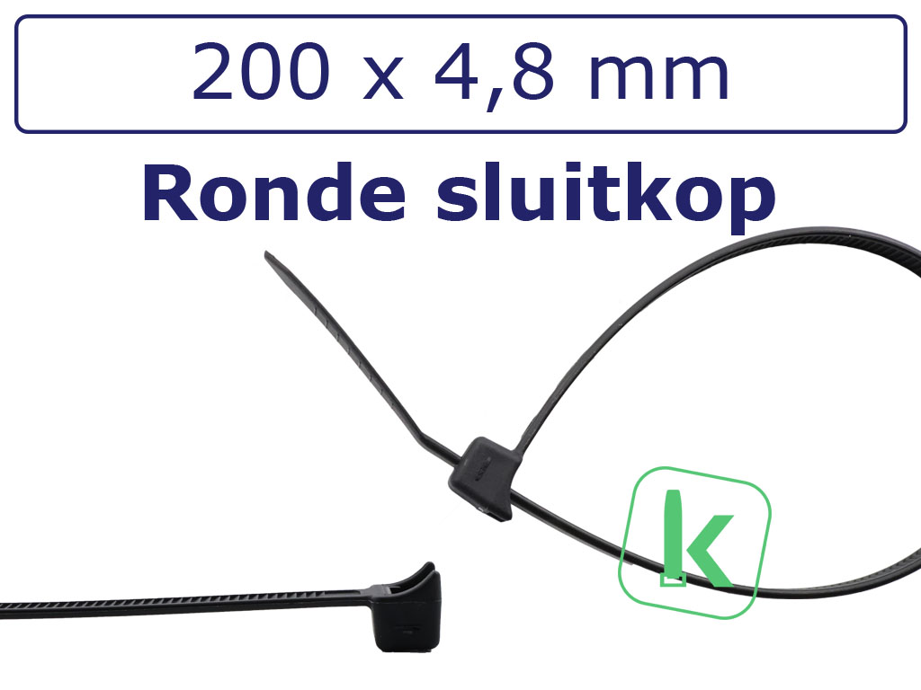 Tyraps, kabelbinders Zwart met afgeronde sluitkop voor ronde objecten / Clamp head cable ties 200 x 4,8 mm Zwart UV-Bestendig (Zak 100 stuks)