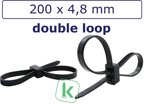 Tyraps, kabelbinders Met Dubbele Sluitkop / Double Loop Cable Ties 200 x 4,8 mm Zwart UV-Bestendig (Zak 100 stuks)