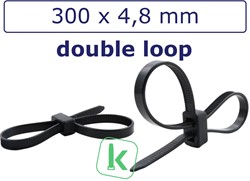 Tyraps, kabelbinders Met Dubbele Sluitkop / Double Loop Cable Ties 300 x 4,8 mm Zwart UV-Bestendig (Zak 100 stuks)