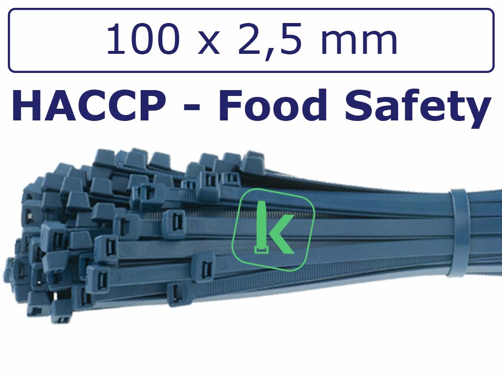 Tyraps, kabelbinders Blauw Detecteerbaar HACCP 100 x 2,5 mm Blauw (Zak 100 stuks) (tiewrap/tyrap/tie-wrap/bundelbandje/colsonbandje/Blauw)