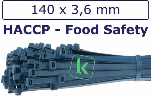 Tyraps, kabelbinders Detecteerbaar HACCP 140 x 3,6 mm Blauw (Zak 100 stuks)