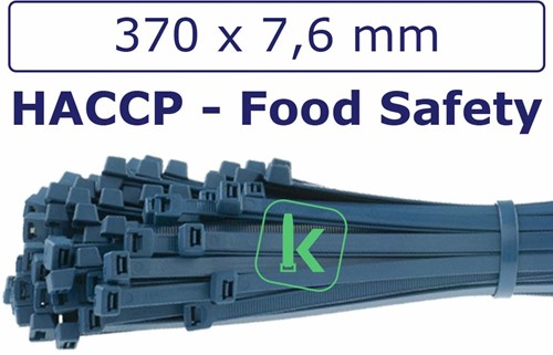 Tyraps, kabelbinders Detecteerbaar HACCP 370 x 7,6 mm Blauw (Zak 100 stuks)