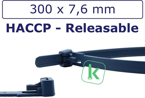 Tyraps, kabelbinders Hersluitbaar - Detecteerbaar (HACCP)  300 x 7,6 mm blauw (Zak 100 stuks)