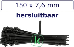 Tyraps, Hersluitbaar 150 X 7,6 Mm Zwart UV Bestendig  Zak 100 Stuks