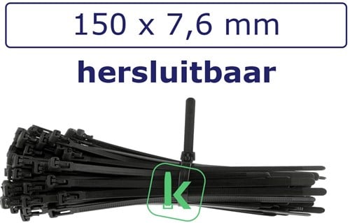 Tyraps, kabelbinders Hersluitbaar 150 x 7,6 mm Zwart UV bestendig (Zak 100 stuks)