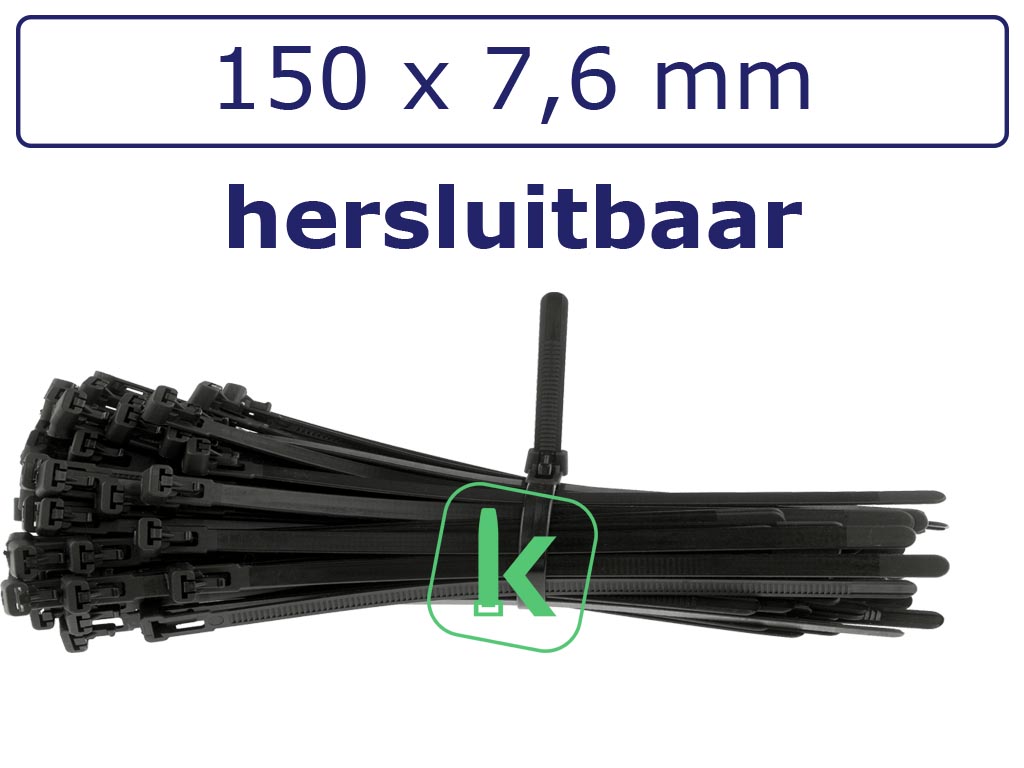 Tyraps, kabelbinders Zwart Hersluitbaar 150 x 7,6 mm Zwart UV bestendig (Zak 100 stuks) (tiewrap/tyrap/tie-wrap/bundelbandje/colsonbandje/Zwart)