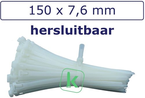 Tyraps, kabelbinders Hersluitbaar 150 x 7,6 mm Wit naturel (Zak 100 stuks)