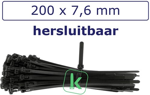 Tyraps, kabelbinders Hersluitbaar 200 x 7,6 mm Zwart UV bestendig (Zak 100 stuks)