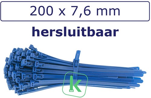 Tyraps, kabelbinders Hersluitbaar 200 x 7,6 mm Blauw (Zak 100 stuks)